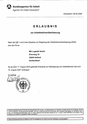Erlaubnis zur Arbeitnehmerüberlassung für die MH Logistik GmbH, Agentur für Arbeit Düsseldorf, Bescheid vom 28.05.2026: verlängert bis 16. August 2027