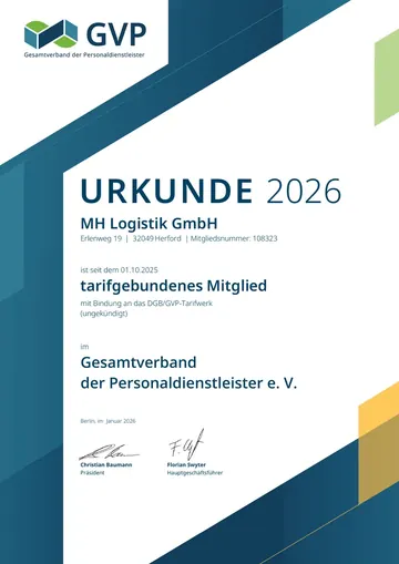 Urkunde 2026 des Gesamtverbands der Personaldienstleister: MH Logistik GmbH ist seit 01.10.2025 tarifgebundenes Mitglied mit Bindung an das DGB/GVP-Tarifwerk, Mitgliedsnummer 108323